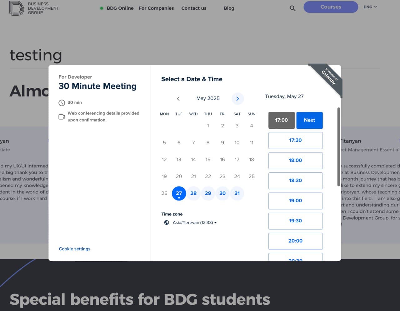Business Development Group Calendly interview booking flow.