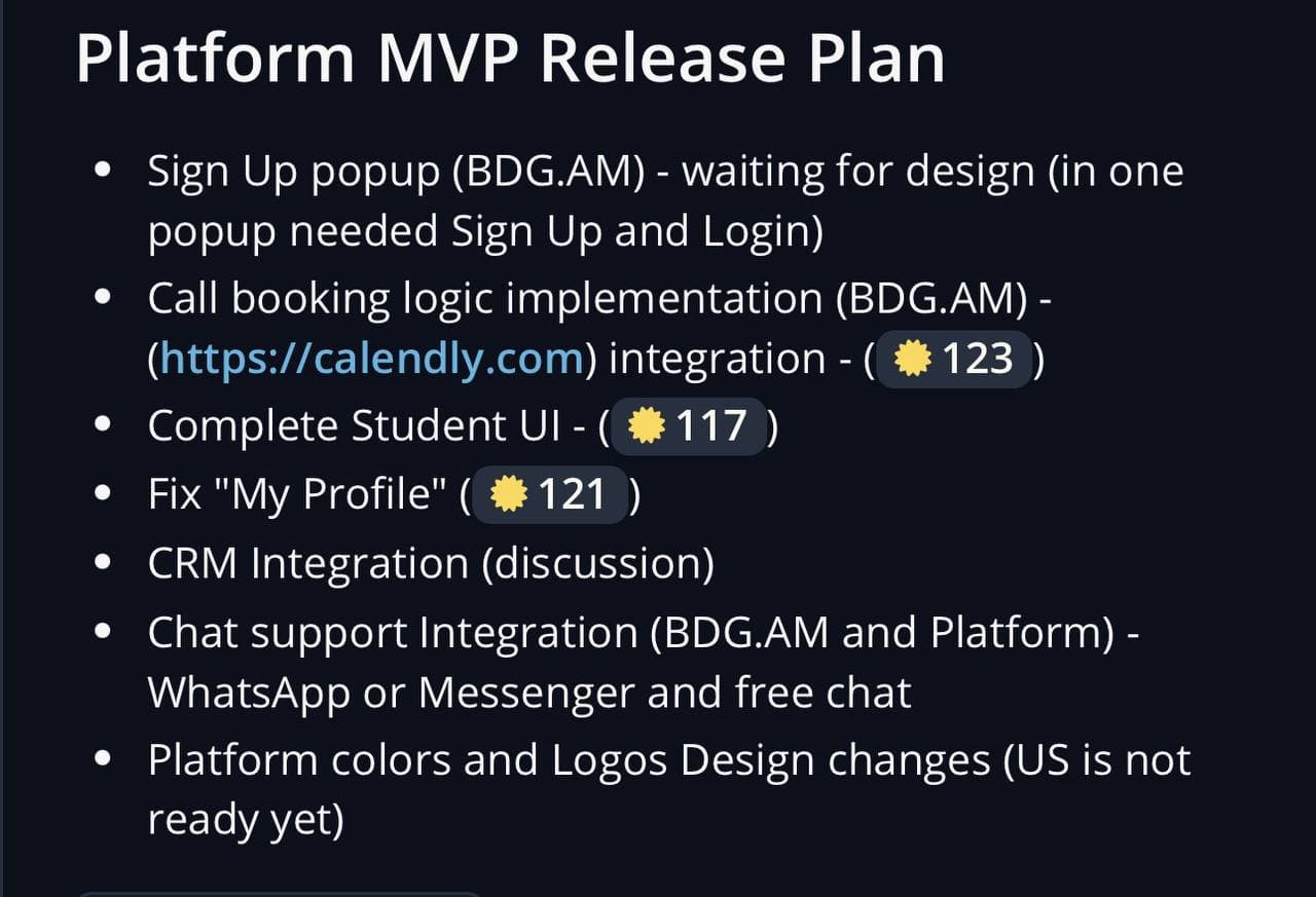 Business Development Group platform MVP release plan.