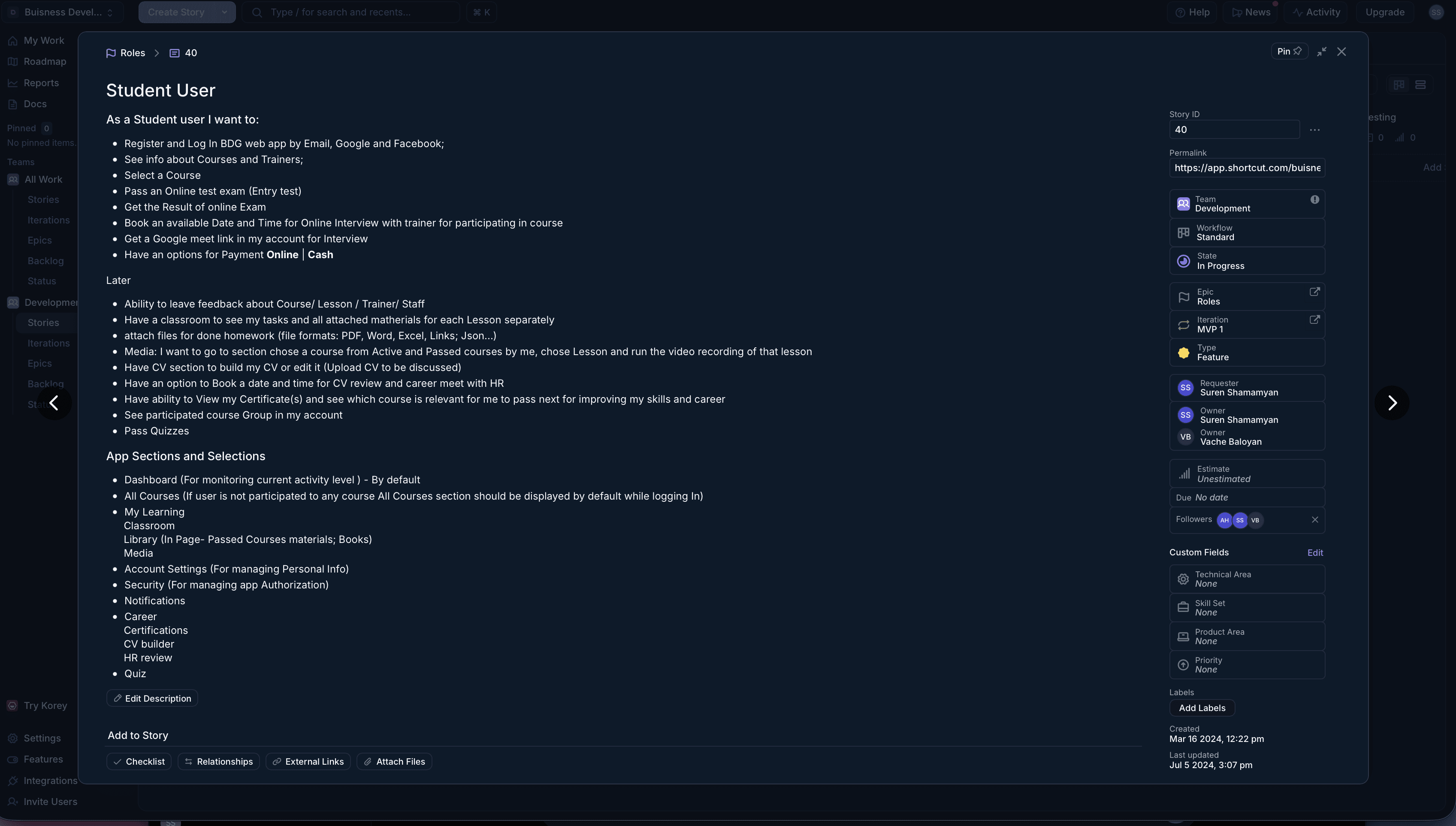 Business Development Group student user story.