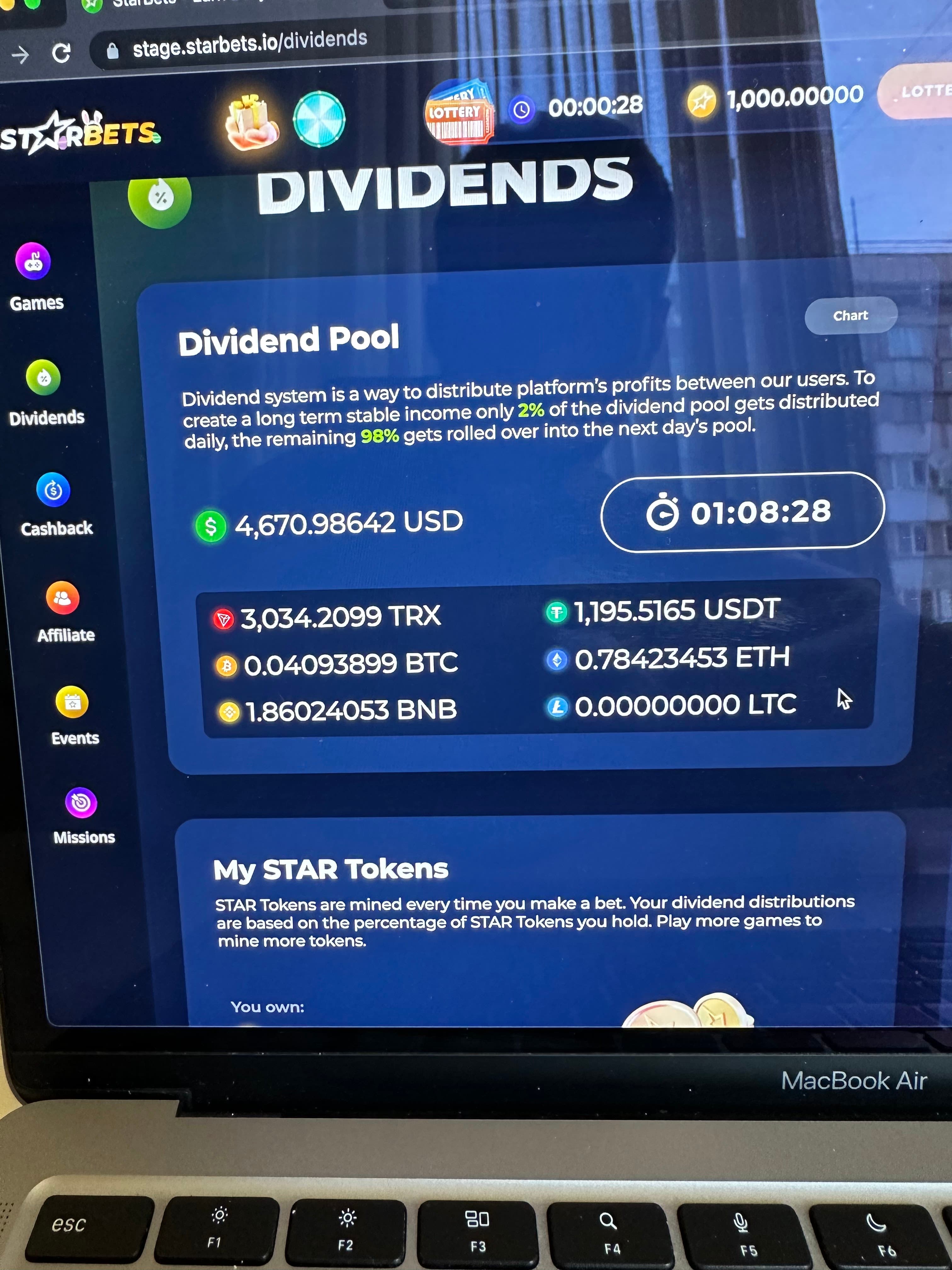 Starbets dividend system interface.