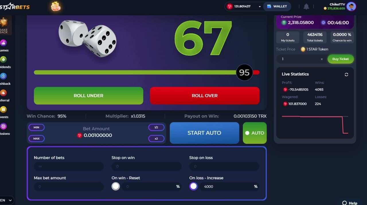 Starbets Originals dice auto-bet experience.