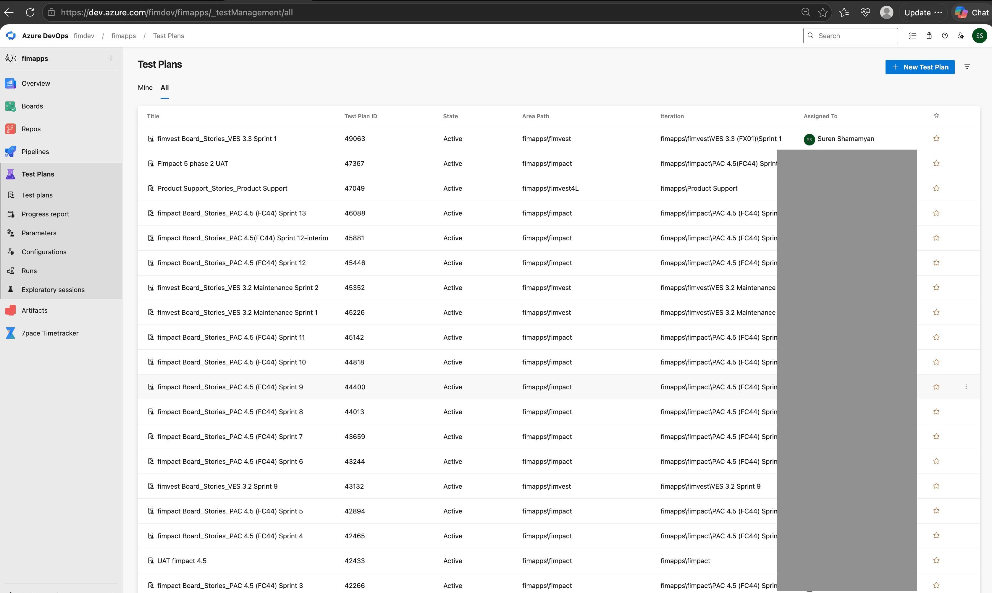 Finance in Motion Azure Test Plans inventory showing the test-management context.