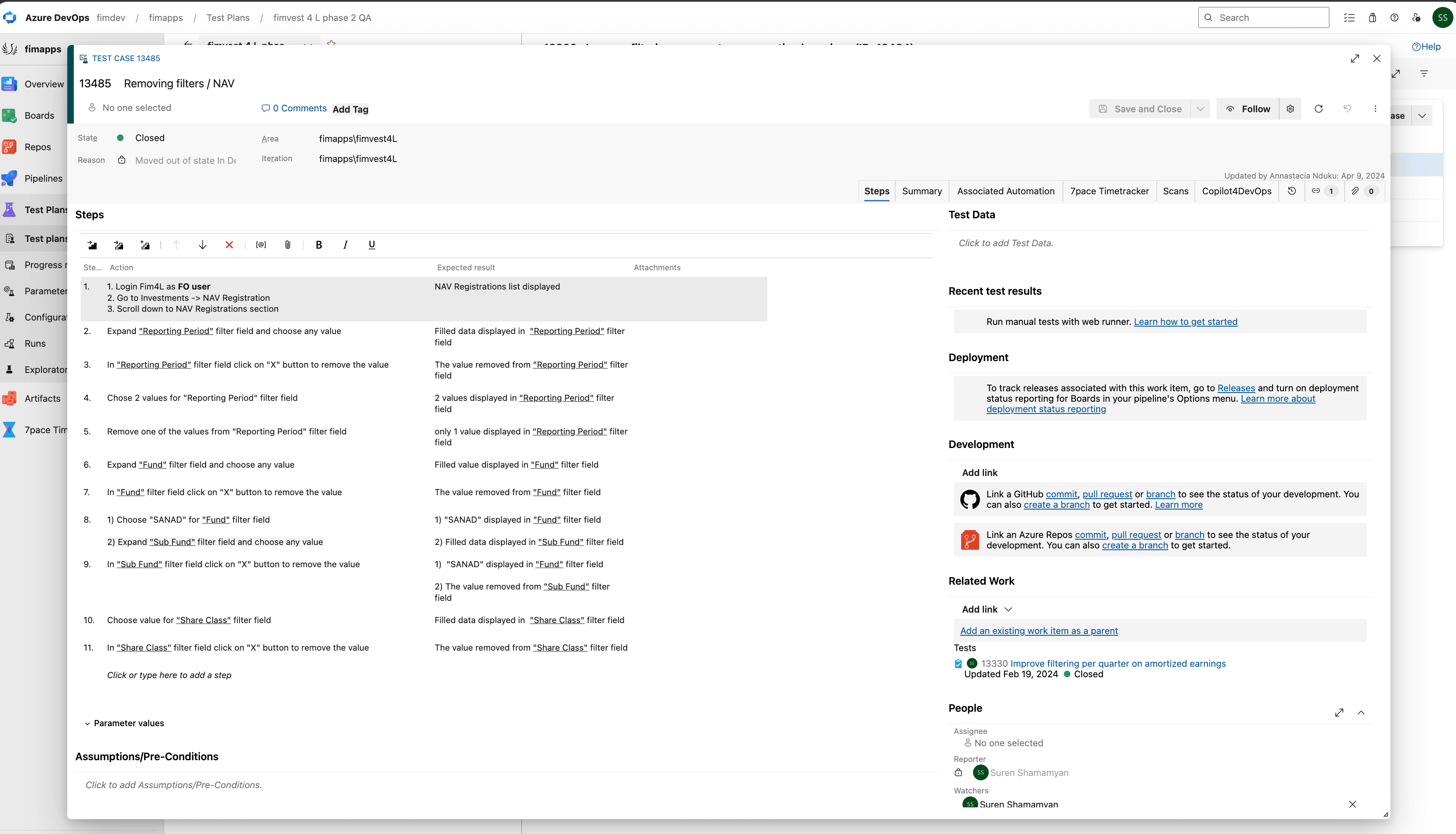 Fimvest test-case excerpt pairing filter actions with expected results.