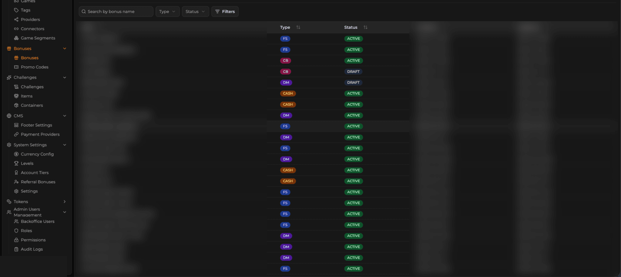 An anonymized WNNR Back Office bonuses screen showing bonus categories, filters, types, and lifecycle statuses.