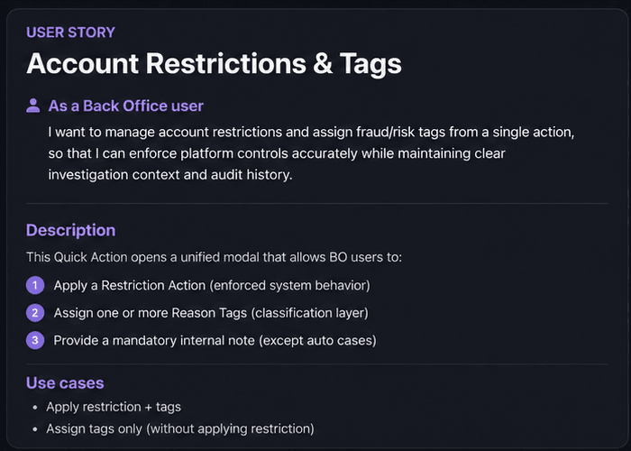 Clean documentation preview for Account Restrictions and Tags, showing the user story, high-level behavior, and use cases.