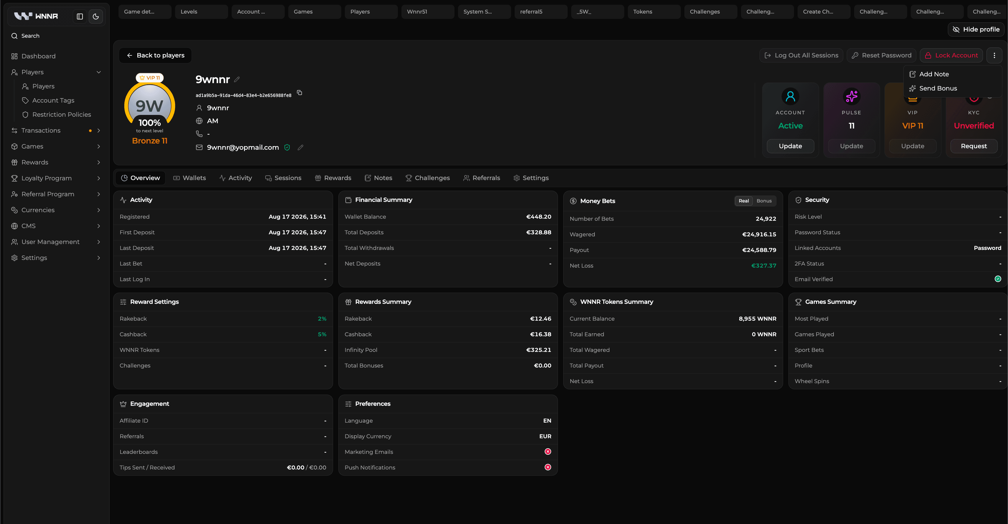 WNNR Back Office player view with account status, financial summaries, rewards, security, engagement, and preferences.