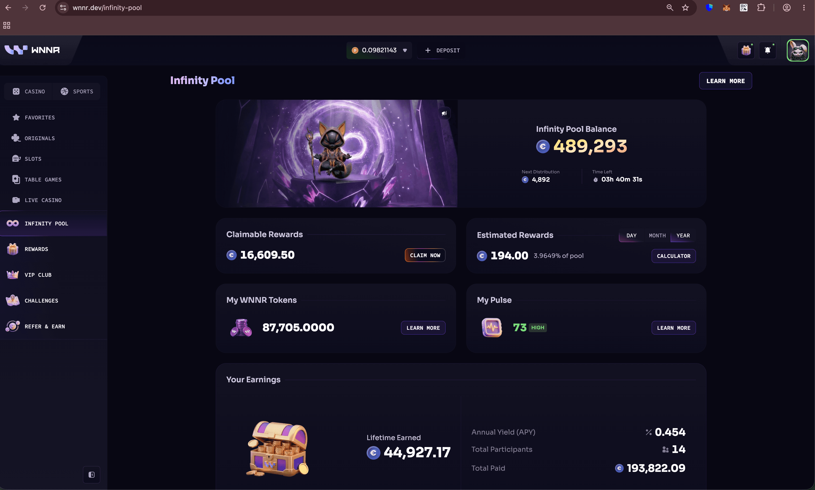 WNNR Infinity Pool screen with pool balance, rewards, token, Pulse, and earnings information.