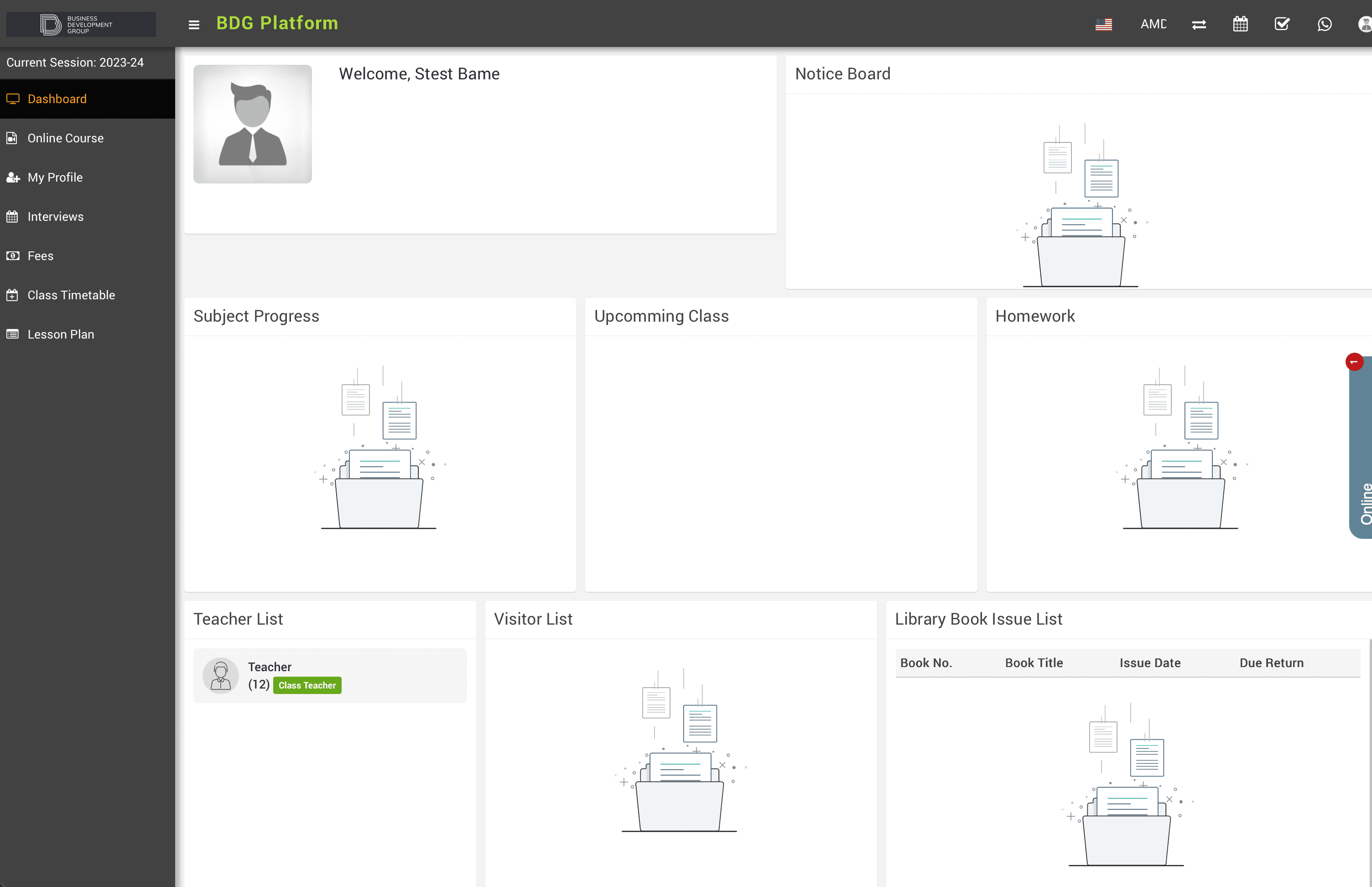 Business Development Group student dashboard.