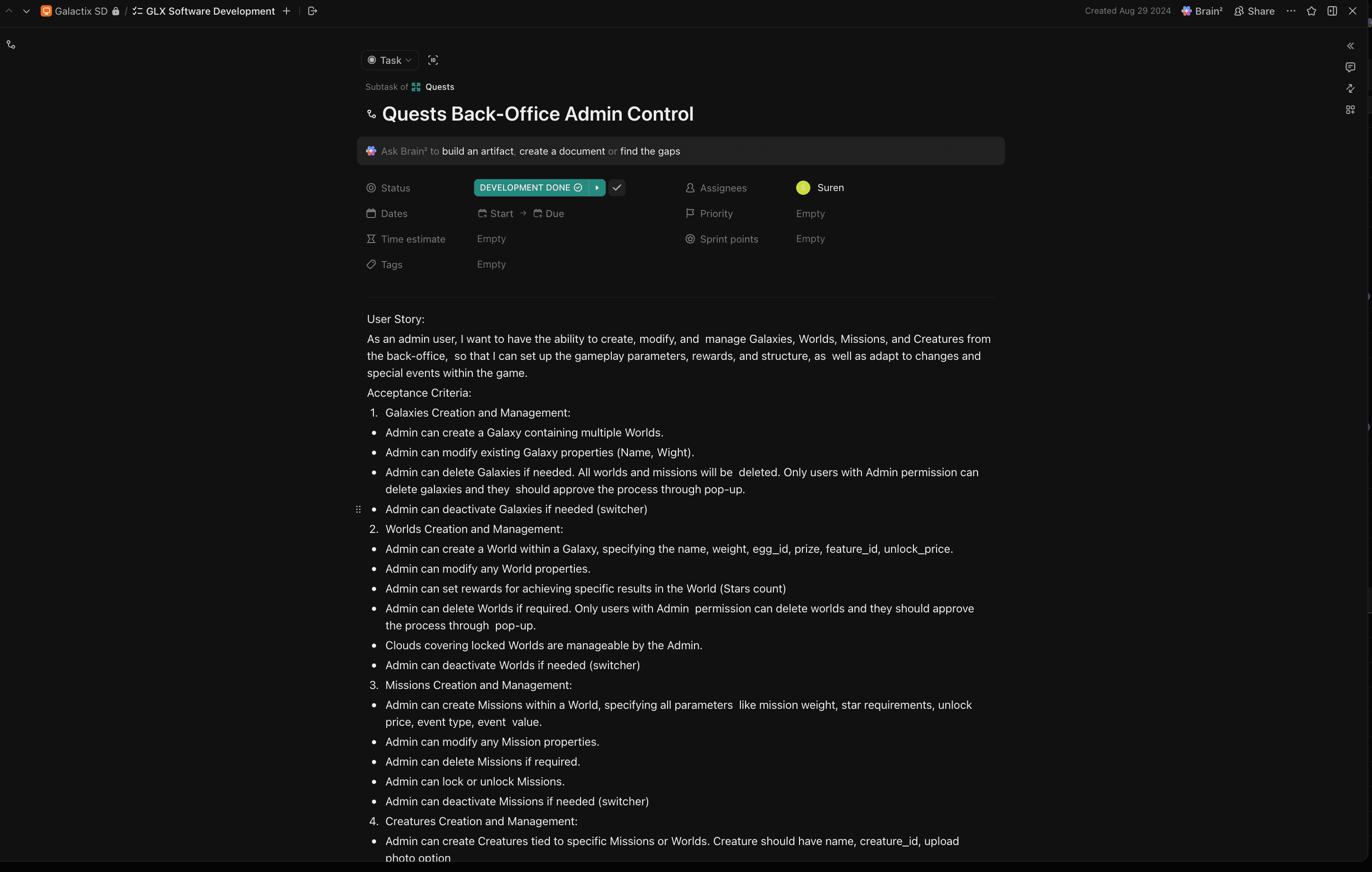Galactix quest Back Office specification.