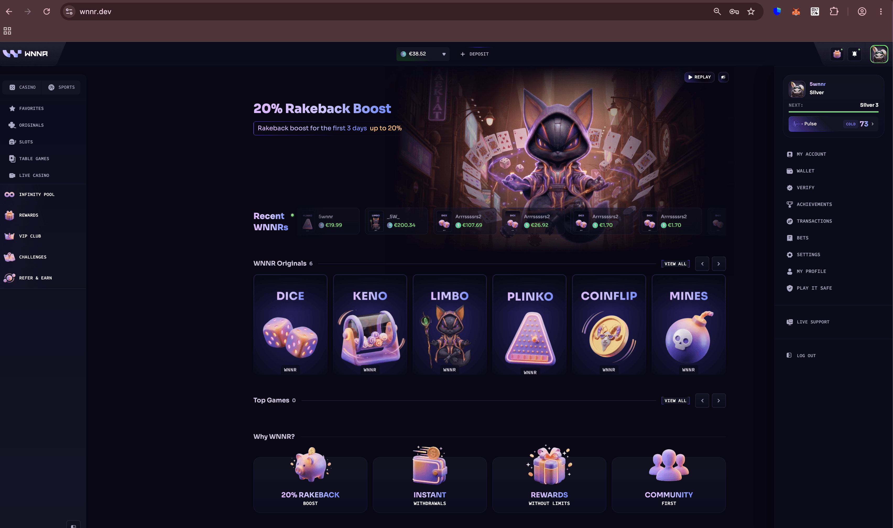 WNNR gaming platform home experience.